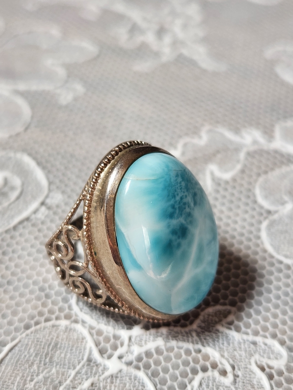 Blue Larimar Sterling Silver Large Oval Statement Ring SIZE 8 - Picture 2 of 14
